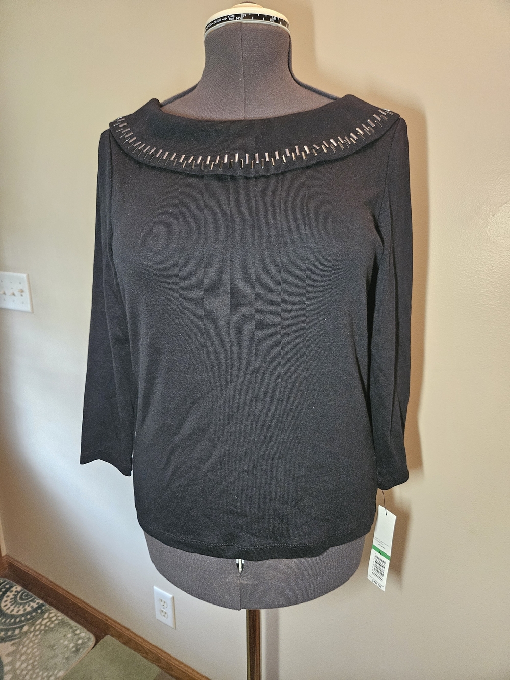NEW Rafaella Sz. L Black Boatneck 3/4-Sleeve Sweater Top with Metallic Detail